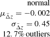 $ \begin{array}{r}{\mathrm{normal}}\\ \mu_{\tilde{\Delta} z} = -0.002\\ \sigma_{\tilde{\Delta} z} = 0.45\\ 12.7\%\,\mathrm{outliers}\end{array} $