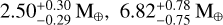 $2.50_{ - 0.29}^{ + 0.30}{{\rm{M}}_ \oplus },6.82_{ - 0.75}^{ + 0.78}{{\rm{M}}_ \oplus }$
