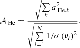 $$ \begin{aligned} \mathcal{A} _{\text{ He}} = \frac{\sqrt{\sum \limits _k a_{\text{ He},k}^2}}{\sqrt{\sum \limits _{i=1}^N 1/\sigma \left(\nu _i\right)^2}}, \end{aligned} $$