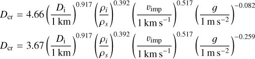 $\eqalign{ & {D_{{\rm{cr}}}} = 4.66{\left( {{{{D_{\rm{i}}}} \over {1{\rm{km}}}}} \right)^{0.917}}{\left( {{{{\rho _i}} \over {{\rho _s}}}} \right)^{0.392}}{\left( {{{{\v _{{\rm{imp}}}}} \over {1{\rm{km}}{{\rm{s}}^{ - 1}}}}} \right)^{0.517}}{\left( {{g \over {1{\rm{m}}{{\rm{s}}^{ - 2}}}}} \right)^{ - 0.082}} \cr & D = 3.67{\left( {{{{D_{\rm{i}}}} \over {1{\rm{km}}}}} \right)^{0.917}}{\left( {{{{\rho _i}} \over {{\rho _s}}}} \right)^{0.392}}{\left( {{{{\v _{{\rm{imp}}}}} \over {1{\rm{km}}{{\rm{s}}^{ - 1}}}}} \right)^{0.517}}{\left( {{g \over {1{\rm{m}}{{\rm{s}}^{ - 2}}}}} \right)^{ - 0.259}} \cr}$
