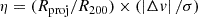 $$ \begin{aligned} \eta =(R_{\mathrm{proj}}/R_{200})\times (\left| \Delta v \right|/\sigma ) \end{aligned} $$