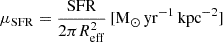 $$ \begin{aligned} {\mu _{\rm SFR} = \frac{\mathrm{SFR}}{2 \pi R_{\rm eff}^2} \,\mathrm {[M_{\odot } \,yr^{-1}\,kpc^{-2}]}} \end{aligned} $$
