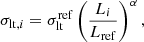 $$ \begin{aligned} \sigma _{\mathrm{lt} , i}&=\sigma _{\mathrm{lt} }^{\mathrm{ref} }\left(\frac{L_i}{L_{\mathrm{ref} }}\right)^\alpha , \end{aligned} $$
