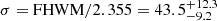 $ \sigma = {\rm FHWM} / 2.355 = 43.5^{+12.3}_{-9.2} $