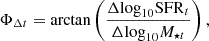 $$ \begin{aligned}&\Phi _{\Delta t} = \arctan \left(\frac{\Delta \mathrm{log}_{10}\mathrm{SFR}_t}{\Delta \mathrm{log}_{10}M_{\star t}}\right), \end{aligned} $$