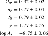 $$ \begin{aligned} \begin{aligned} \Omega _{\rm m}&= 0.32 \pm 0.02 \\ \sigma _{8}&= 0.77 \pm 0.04 \\ {S\!}_{8}&= 0.79 \pm 0.02 \\ \gamma&= 1.77 \pm 0.55 \\ \log A_{\rm s}&= -8.75 \pm 0.06 \end{aligned} \end{aligned} $$