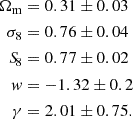 $$ \begin{aligned} \begin{aligned} \Omega _{\rm m}&= 0.31 \pm 0.03 \\ \sigma _{8}&= 0.76 \pm 0.04 \\ {S\!}_{8}&= 0.77 \pm 0.02 \\ { w}&= -1.32\pm 0.2 \\ \gamma&=2.01\pm 0.75. \end{aligned} \end{aligned} $$