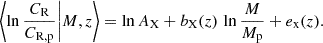 $$ \begin{aligned} \left\langle \ln \frac{C_{\rm R}}{C_{\rm R,p}} \bigg | M, z \right\rangle = \ln A_{\rm X} + b_{\rm X}(z) \, \ln \frac{M}{M_{\rm p}} + e_{\rm x}(z). \end{aligned} $$