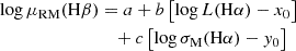 Mathematical equation: $$ \begin{aligned} \log \mu _{\rm RM}(\mathrm{H}\beta )&= a + b\left[ \log L(\mathrm{H}\alpha ) - x_0\right] \nonumber \\&\quad + c\left[\log \sigma _{\rm M}(\mathrm{H}\alpha ) - { y}_0\right] \end{aligned} $$