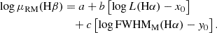 Mathematical equation: $$ \begin{aligned} \log \mu _{\rm RM}(\mathrm{H}\beta )&= a + b\left[ \log L(\mathrm{H}\alpha ) - x_0\right] \nonumber \\&\quad + c\left[\log \mathrm{FWHM}_{\rm M}(\mathrm{H}\alpha ) - { y}_0\right]. \end{aligned} $$