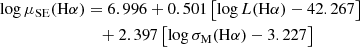 Mathematical equation: $$ \begin{aligned} \log \mu _{\rm SE}(\mathrm{H}\alpha )&= 6.996 + 0.501\left[\log L(\mathrm{H}\alpha ) -42.267\right] \nonumber \\&\quad + 2.397\left[\log \sigma _{\rm M}(\mathrm{H}\alpha ) - 3.227\right] \end{aligned} $$