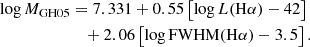 Mathematical equation: $$ \begin{aligned} \log M_{\rm GH05}&= 7.331 + 0.55\left[\log L(\mathrm{H}\alpha ) -42\right] \nonumber \\&\quad +2.06\left[\log \mathrm{FWHM(H}\alpha ) -3.5 \right]. \end{aligned} $$