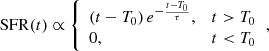 $$ \begin{aligned} \mathrm{SFR}(t) \propto {\left\{ \begin{array}{ll} {(t-T_0)}\, {e^{-\frac{t-T_0}{\tau }}},&{t > T_0} \\ 0,&{t} < {T}_{0} \end{array}\right.}, \end{aligned} $$