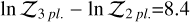 $\ln \mathcal{Z}_{3 \,{pl.}}-\ln \mathcal{Z}_{2 \,{pl.}} = 8.4$