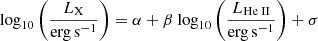 Mathematical equation: $ \mathrm{log}_{10} \left ( \frac{{L}_{\mathrm{X}}}{\mathrm{erg\,s}^{-1}} \right ) = \alpha + \beta ~ \mathrm{log}_{10} \left ( \frac{{L}_{{\mathrm{He}{\small { {\text{ II}}}}}}}{\mathrm{erg\,s}^{-1}} \right ) + \sigma $