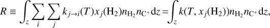 Mathematical equation: $R \equiv \int_{z} \sum_{i} \sum_{j} k_{j \rightarrow i}(T) x_{j}\left(\mathrm{H}_{2}\right) n_{\mathrm{H}_{2}} n_{\mathrm{C}^{+}} \mathrm{d} z=\int_{z} k\left(T, x_{j}\left(\mathrm{H}_{2}\right)\right) n_{\mathrm{H}_{2}} n_{\mathrm{C}^{+}} \mathrm{d} z,$