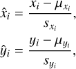 $\hat{x}_i &= \frac{x_i - \mu_{x_i}}{s_{x_i}}, \\ \hat{y}_i &= \frac{y_i - \mu_{y_i}}{s_{y_i}},$