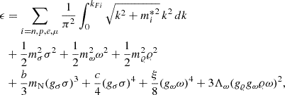 $$ \begin{aligned} \begin{aligned} \epsilon&= \sum _{i=n,p,e,\mu }\frac{1}{\pi ^2}\int _0^{k_{Fi}} \sqrt{k^2+{m_i^*}^2}\, k^2\, dk \\&+ \frac{1}{2}m_{\sigma }^{2}{\sigma }^{2}+\frac{1}{2}m_{\omega }^{2}{\omega }^{2}+\frac{1}{2}m_{\varrho }^{2}{\varrho }^{2}\\&+ \frac{b}{3} m_{\rm N} (g_{\sigma }{\sigma })^{3}+\frac{c}{4}(g_{\sigma }{\sigma })^{4}+\frac{\xi }{8}(g_{\omega }{\omega })^{4} + 3 \Lambda _{\omega }(g_{\varrho }g_{\omega }{\varrho }{\omega })^{2}, \end{aligned} \end{aligned} $$