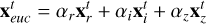 $\[\mathbf{x}_{e u c}^t=\alpha_r \mathbf{x}_r^t+\alpha_i \mathbf{x}_i^t+\alpha_z \mathbf{x}_z^t\]$