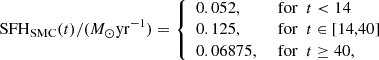 $$ \begin{aligned} \mathrm {SFH}_{\mathrm {SMC}} (t) /(M_{\odot } \mathrm{yr}^{-1}) = {\left\{ \begin{array}{ll} 0.052,&\mathrm {\,\,for\,\,\,} t < 14 \\ 0.125,&\mathrm {\,\,for\,\,\,} t \in [14,40] \\ 0.06875,&\mathrm {\,\,for\,\,\,} t \ge 40, \\ \end{array}\right.} \end{aligned} $$