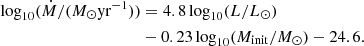 $$ \begin{aligned} \log _{10}(\dot{M}/(M_{\odot } \mathrm{yr}^{-1}))&= 4.8\log _{10}(L/ L_{\odot }) \nonumber \\&- 0.23\log _{10}(M_{\rm init}/M_{\odot }) - 24.6. \end{aligned} $$