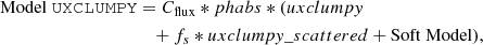 $$ \begin{aligned} \mathrm {Model}~{\mathtt{UXCLUMPY}}&= C_{\rm flux} * phabs *( uxclumpy \nonumber \\&\quad + f_s * uxclumpy\_scattered + \mathrm{Soft~Model} ), \end{aligned} $$