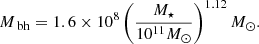 $$ \begin{aligned} M_\text{ bh} = 1.6 \times 10^8 \left( \frac{M_{\star }}{10^{11} M_{\odot }} \right)^{1.12} M_{\odot }. \end{aligned} $$