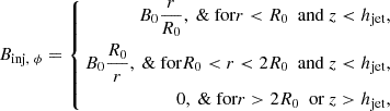 $$ \begin{aligned} B_{\text{inj},\ \phi } = \left\{ \begin{aligned} B_0 \frac{r}{R_0},\ \&\text{ for} r < R_0\ \text{ and}\ z < h_{\rm jet}, \\ B_0 \frac{R_0}{r},\ \&\text{ for} R_0 < r < 2R_0\ \text{ and}\ z < h_{\rm jet}, \\ 0,\ \&\text{ for} r > 2R_0\ \text{ or}\ z > h_{\rm jet}, \\ \end{aligned} \right. \end{aligned} $$