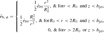 $$ \begin{aligned} \dot{e}_{\text{b},\ \phi } = \left\{ \begin{aligned} \frac{1}{2}\dot{e}_{b0} \frac{r^2}{R_0^2},\ \&\text{ for} r < R_0\ \text{ and}\ z < h_{\rm jet}, \\ \frac{1}{2}\dot{e}_{b0} \frac{R_0^2}{r^2},\ \&\text{ for} R_0 < r < 2R_0\ \text{ and}\ z < h_{\rm jet}, \\ 0,\ \&\text{ for} r > 2R_0\ \text{ or}\ z > h_{\rm jet}, \\ \end{aligned} \right. \end{aligned} $$
