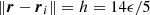 $\left \Vert {\boldsymbol {r}}- \boldsymbol {r}_i \right \Vert = h = 14\epsilon /5$