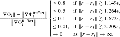 $$ \frac {\left \Vert {\boldsymbol {\nabla }}\Phi _i\right \Vert - \left \Vert {\boldsymbol {\nabla }}\Phi _i^{\rm Ruffert}\right \Vert }{\left \Vert {\boldsymbol {\nabla }}\Phi _i^{\rm Ruffert}\right \Vert } \begin {cases}\leq 0.8 &{\textrm {if}}\ \left \Vert {\boldsymbol {r}}- \boldsymbol {r}_i \right \Vert \gtrsim 1.149\epsilon ,\\ \leq 0.5 &{\textrm {if}}\ \left \Vert {\boldsymbol {r}}- \boldsymbol {r}_i \right \Vert \gtrsim 1.264\epsilon ,\\ \leq 0.1 &{\textrm {if}}\ \left \Vert {\boldsymbol {r}}- \boldsymbol {r}_i \right \Vert \gtrsim 1.672\epsilon ,\\ \leq 0.01, &{\textrm {if}}\ \left \Vert {\boldsymbol {r}}- \boldsymbol {r}_i \right \Vert \gtrsim 2.209 \epsilon ,\\ \to 0, &{\textrm {as}}\ \left \Vert {\boldsymbol {r}}- \boldsymbol {r}_i \right \Vert \to \infty . \end {cases} $$