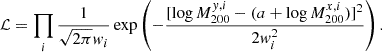 $$ \begin{aligned} \mathcal{L} = \prod _i\frac{1}{\sqrt{2\pi }{ w}_i} \exp \left(-\frac{[\log M_{200}^{y,i}-(a+\log M_{200}^{x,i})]^2}{2{ w}_i^2}\right). \end{aligned} $$