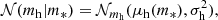 $$ \begin{aligned} \mathcal{N} (m_{\mathrm{h} }|m_*) = \mathcal{N} _{m_{\mathrm{h} }}(\mu _\mathrm{h} (m_*),\sigma _{\mathrm{h} }^2), \end{aligned} $$