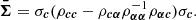 $$ {\boldsymbol {\bar {\Sigma }}} = {\sigma _{{\boldsymbol {c}}}}({\rho _{{\boldsymbol {c}}{\boldsymbol {c}}}}-{\rho _{{\boldsymbol {c}}{\boldsymbol {\alpha }}}}{\rho }^{-1}_{{\boldsymbol {\alpha }}{\boldsymbol { \alpha }}}{\rho _{{\boldsymbol {\alpha }} {\boldsymbol {c}}}}){\sigma }_{{\boldsymbol {c}}}. $$