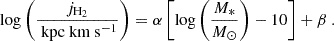 $$ \begin{aligned} \log \left( \frac{j_{\rm H_2}}{\text{ kpc} \text{ km} \text{ s}^{-1}} \right)&= \alpha \left[ \log \left( \frac{M_{*}}{M_{\odot }} \right) - 10 \right] + \beta ~. \end{aligned} $$