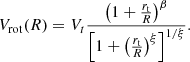 $$ \begin{aligned} V_{\mathrm{rot} }(R) = V_{t} \frac{\left( 1 + \frac{r_{\rm t}}{R} \right)^{\beta }}{\left[ 1 + \left( \frac{r_{\rm t}}{R} \right)^{\xi } \right]^{1/\xi }}. \end{aligned} $$