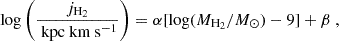 $$ \begin{aligned} \log \left( \frac{j_{\mathrm{H}_2}}{\text{ kpc} \text{ km} \text{ s}^{-1}} \right)&= \alpha [\log (M_{\mathrm{H}_2} / M_{\odot }) - 9] + \beta ~, \end{aligned} $$