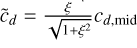 \[{\widetilde c_d} = \frac{\xi }{{\sqrt {1 + {\xi ^2}} }}{c_{d,{\rm{mid}}}}\]