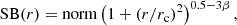 $$ \begin{aligned} \mathrm{SB}(r) = \mathrm{norm} \left(1 + \left(r/r_{\rm c} \right)^2 \right)^{0.5 - 3 \beta } , \end{aligned} $$