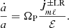 $$ \frac {{\dot {a}}}{a}=\Omega _{{\textrm {P}}}\frac {{\dot {J}}_{m\ell }^{\pm {\textrm {LR}}}}{{\cal {{E}}}}. $$