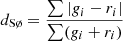 $ d_{\text{S}{\o}}=\frac{\sum|g_i - r_i|}{\sum(g_i + r_i)} $