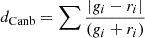 $ d_{\text{Canb}}=\sum{\frac{|g_i - r_i|}{(g_i + r_i)}} $