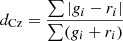 $ d_{\text{Cz}}=\frac{\sum|g_i-r_i|}{\sum(g_i + r_i)} $