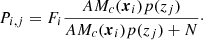 $$ \begin{aligned} P_{i,j} = F_{i}\frac{A M_c(\boldsymbol{x}_i)p(z_j)}{A M_c(\boldsymbol{x}_i)p(z_j)+N}\cdot \end{aligned} $$