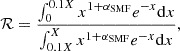$$ \begin{aligned} \mathcal{R} = \frac{\int _0^{0.1X}x^{1+{{\alpha _{\rm SMF}}}}e^{-x}\mathrm{d}x}{\int _{0.1X}^X x^{1+{{\alpha _{\rm SMF}}}}e^{-x}\mathrm{d}x}, \end{aligned} $$