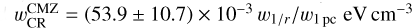 $w_{{\rm{CR}}}^{{\rm{CMZ}}} = (53.9 \pm 10.7) \times {10^{ - 3}}{w_{1/{\rm{r}}}}/{w_{1{\rm{pc}}}}{\rm{eV c}}{{\rm{m}}^{ - 3}}\$