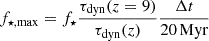 $$ \begin{aligned} f_{\star ,\mathrm {max}}= f_\star \frac{\tau _{\rm dyn}(z = 9)}{\tau _{\rm dyn}(z)}\frac{\Delta t}{20 \,\mathrm {Myr}} \end{aligned} $$
