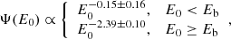 $$ \begin{aligned} \Psi (E_{0}) \propto {\left\{ \begin{array}{ll} E_{0}^{-0.15 \pm 0.16},&E_{0} < E_{\rm b}\\ E_{0}^{-2.39 \pm 0.10},&E_{0} \ge E_{\rm b}\end{array}\right.}, \end{aligned} $$