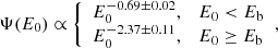 $$ \begin{aligned} \Psi (E_{0}) \propto {\left\{ \begin{array}{ll} E_{0}^{-0.69 \pm 0.02},&E_{0} < E_{\rm b}\\ E_{0}^{-2.37 \pm 0.11},&E_{0} \ge E_{\rm b}\end{array}\right.}, \end{aligned} $$