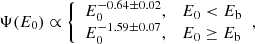 $$ \begin{aligned} \Psi (E_{0}) \propto {\left\{ \begin{array}{ll} E_{0}^{-0.64 \pm 0.02},&E_{0} < E_{\rm b}\\ E_{0}^{-1.59 \pm 0.07},&E_{0} \ge E_{\rm b}\end{array}\right.}, \end{aligned} $$